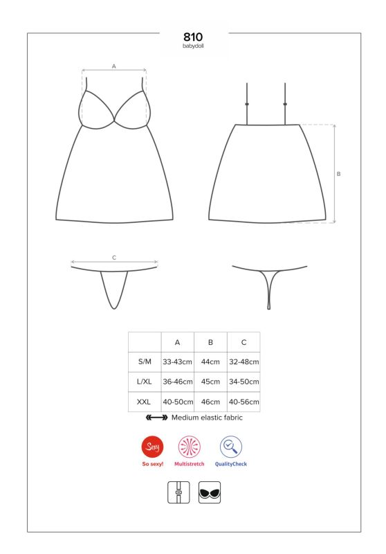 Сатиновый пеньюар с кружевом Obsessive 810-BAB-1 babydoll & thong S/M, черный, пеньюар, танга