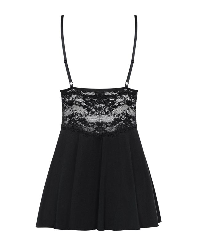 Сатиновый пеньюар с кружевом Obsessive 810-BAB-1 babydoll & thong S/M, черный, пеньюар, танга