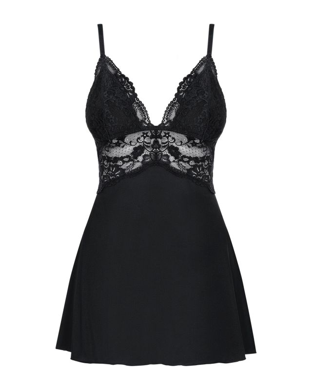 Сатиновый пеньюар с кружевом Obsessive 810-BAB-1 babydoll & thong L/XL, черный, пеньюар, танга