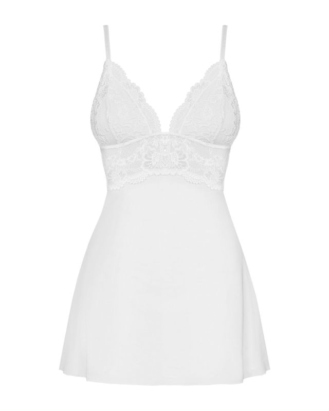 Сатиновый пеньюар с кружевом Obsessive 810-BAB-2 babydoll & thong L/XL, белый, пеньюар, танга