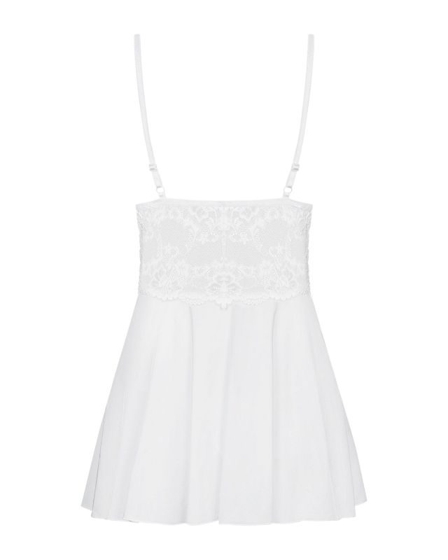 Сатиновый пеньюар с кружевом Obsessive 810-BAB-2 babydoll & thong L/XL, белый, пеньюар, танга