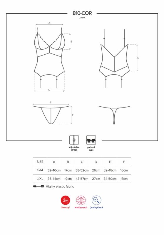 Сатиновый кружевной корсет Obsessive 810-COR-1 babydoll & thong L/XL, черный, корсет, танга