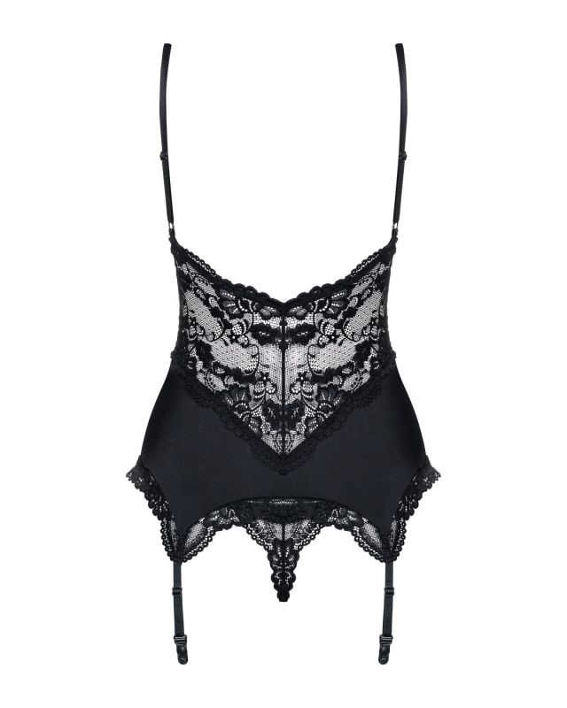 Сатиновый кружевной корсет Obsessive 810-COR-1 babydoll & thong L/XL, черный, корсет, танга