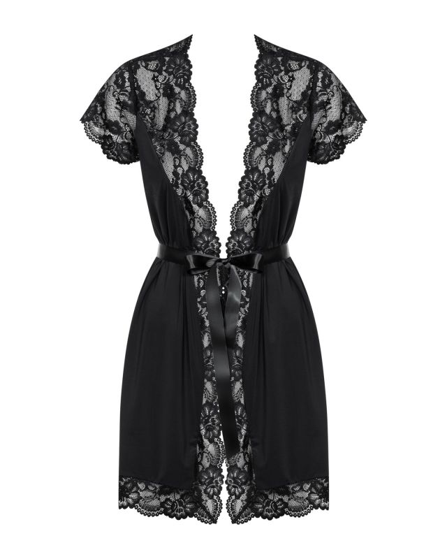 Сатиновый открытый пеньюар на поясе Obsessive 810-PEI–1 peignoir black S/M, черный