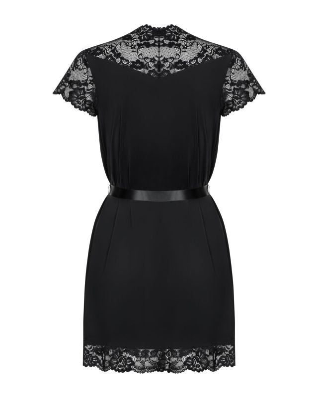 Сатиновый открытый пеньюар на поясе Obsessive 810-PEI–1 peignoir black 2XL/3XL, черный