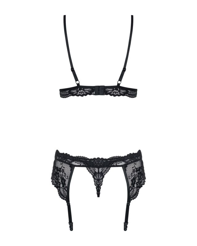 Кружевной комплект белья Obsessive 810-SEG-1 S/M Black, бюстгальтер, стринги, пояс для чулок