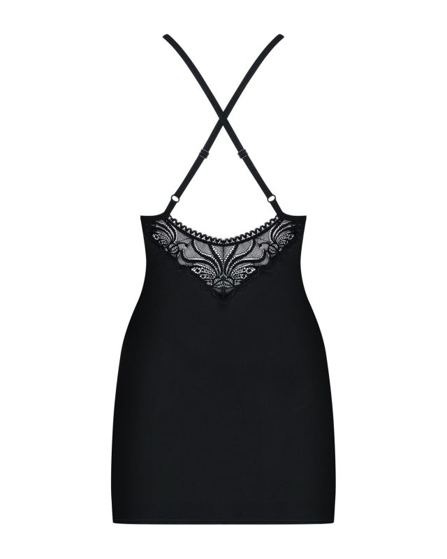 Сатиновый комплект для сна с кружевом Obsessive 828-CHE-1 chemise & thong S/M, черный, сорочка, стри