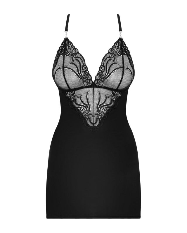 (SALE) Сатиновый комплект для сна с кружевом Obsessive 828-CHE-1 chemise & thong L/XL, черный, сорочка