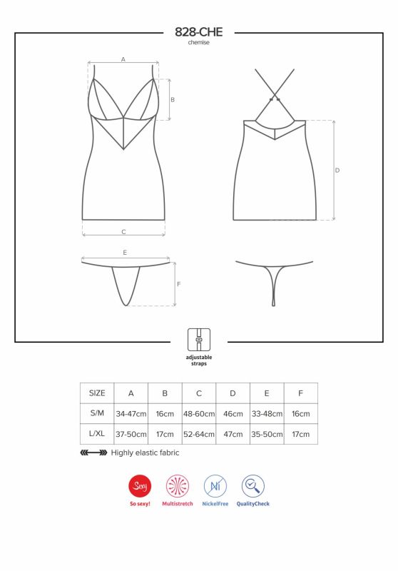 (SALE) Сатиновый комплект для сна с кружевом Obsessive 828-CHE-1 chemise & thong L/XL, черный, сорочка