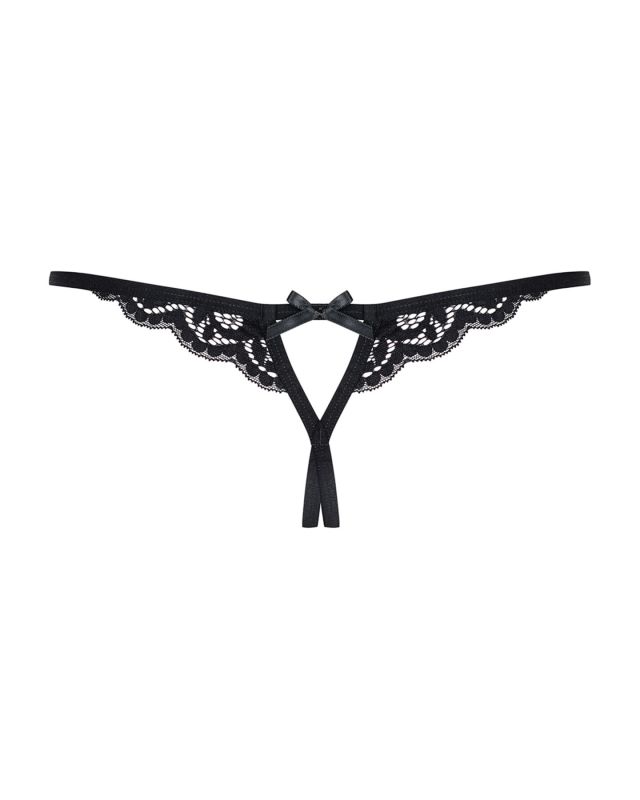 Кружевные танга с двумя отверстиями Obsessive 831-THC-1 crotchless thong S/M, черные, бантики
