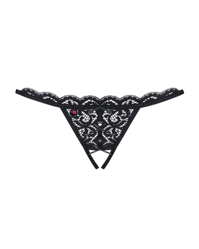 Кружевные танга с двумя отверстиями Obsessive 831-THC-1 crotchless thong L/XL, черные, бантики