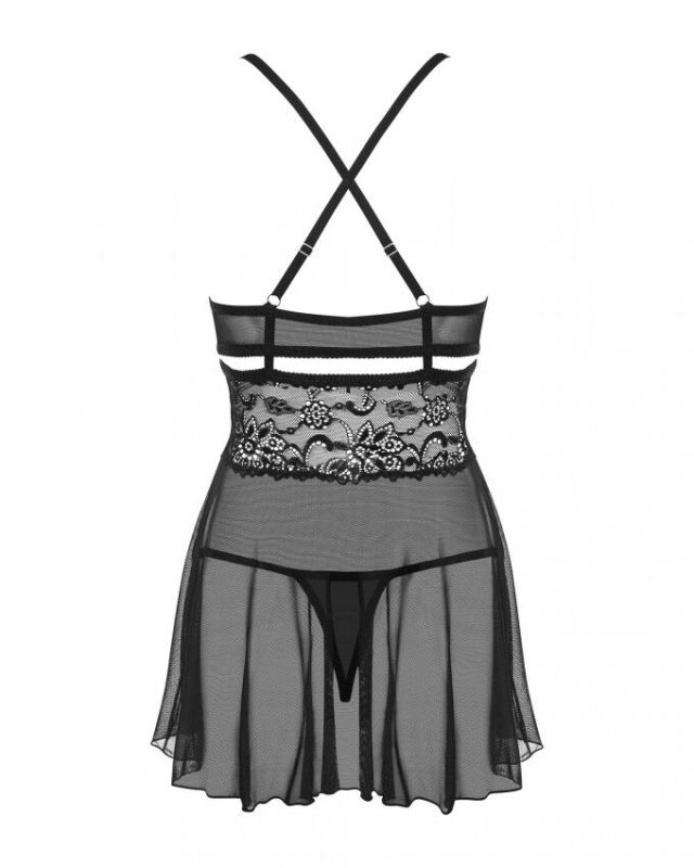 (SALE) Эротический кружевной комплект с сеточкой Obsessive 838-BAB-1 babydoll & thong black S/M, черный, пе
