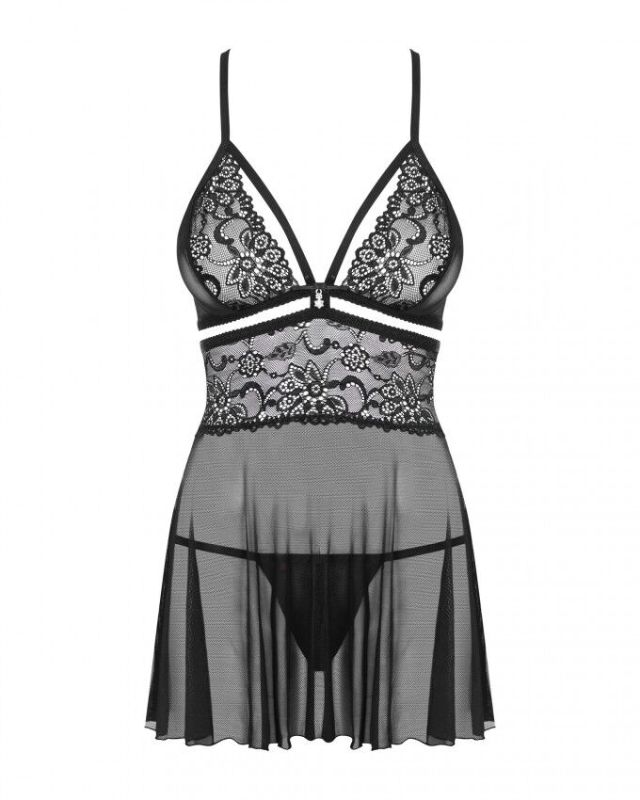 (SALE) Эротический кружевной комплект с сеточкой Obsessive 838-BAB-1 babydoll & thong black S/M, черный, пе