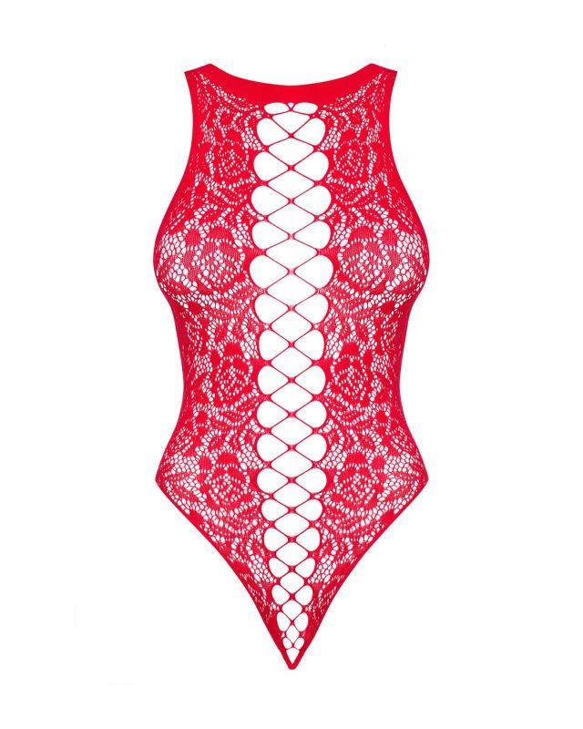 (SALE) Ажурный бодистокинг с эффектом шнуровки Obsessive B120 teddy red S/M/L, красный