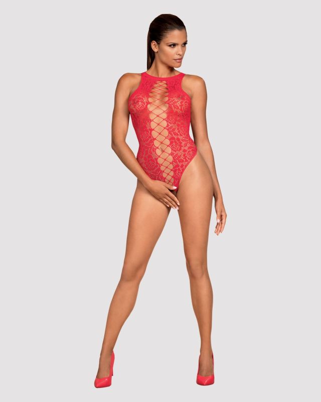 (SALE) Ажурный бодистокинг с эффектом шнуровки Obsessive B120 teddy red S/M/L, красный