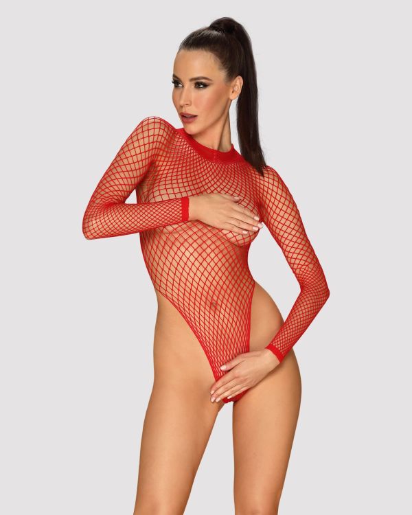 Сетчатый бодистокинг с длинным рукавом Obsessive B126 teddy red S/M/L, красный
