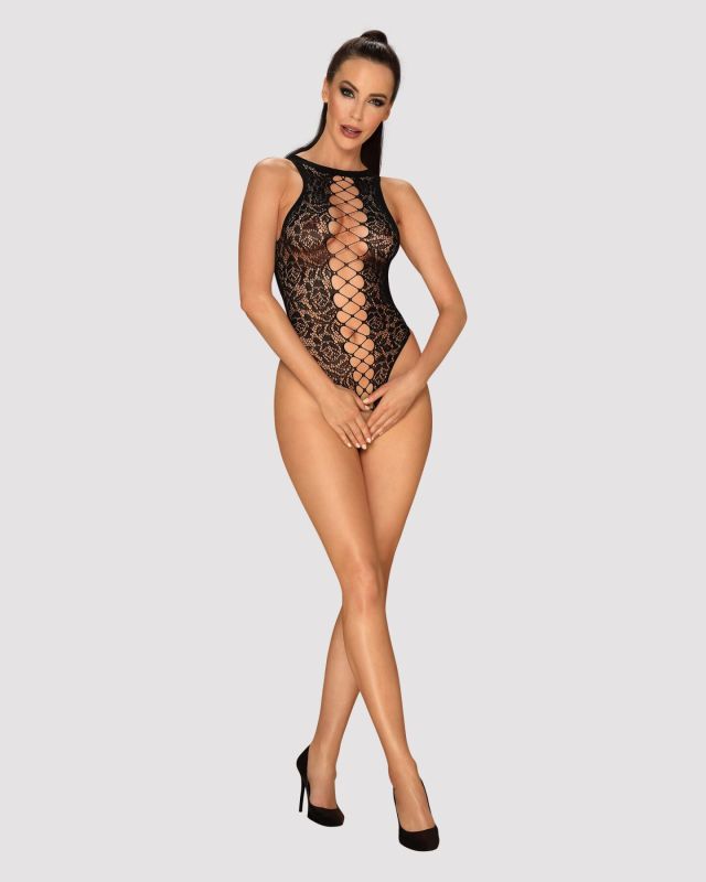 Ажурный бодистокинг с эффектом шнуровки Obsessive B129 teddy black S/M/L, черный, с доступом