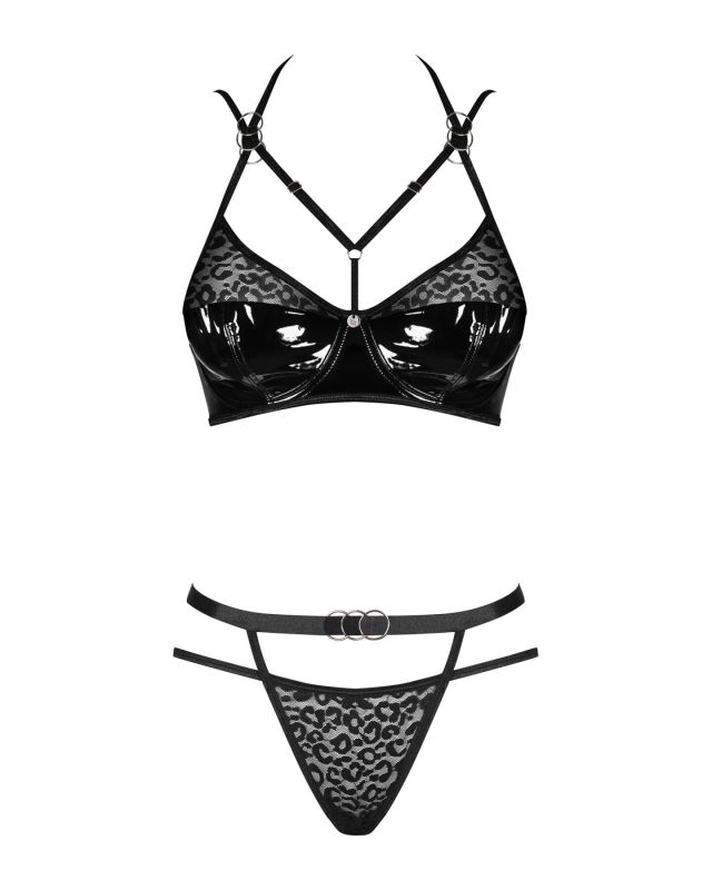 Эротический комплект под латекс со стрепами Obsessive Bagirela 2-pcs set L/XL, черный, под леопард,