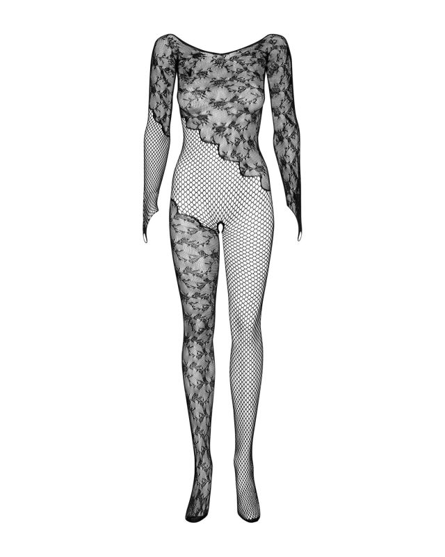 (SALE) Бодистокинг Obsessive Bodystocking F210 S/M/L black, рукава-митенки, сетка, цветное кружево