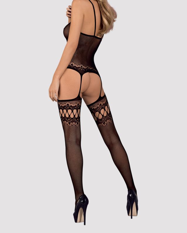 (SALE) Бодистокинг Obsessive Bodystocking F214 black S/M/L, имитация корсета и чулок на подвязках