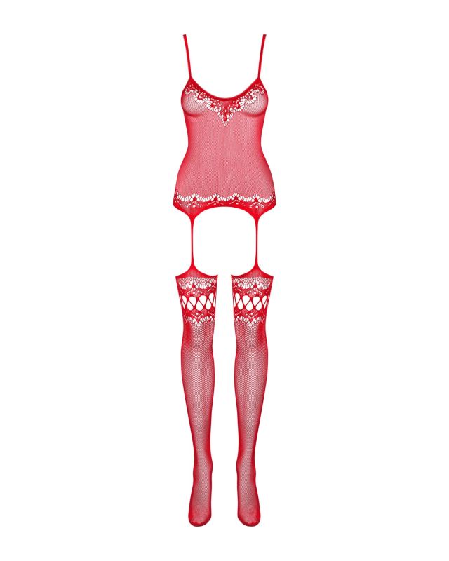 (SALE) Бодистокинг Obsessive Bodystocking F214 red S/M/L, имитация корсета и чулок на подвязках