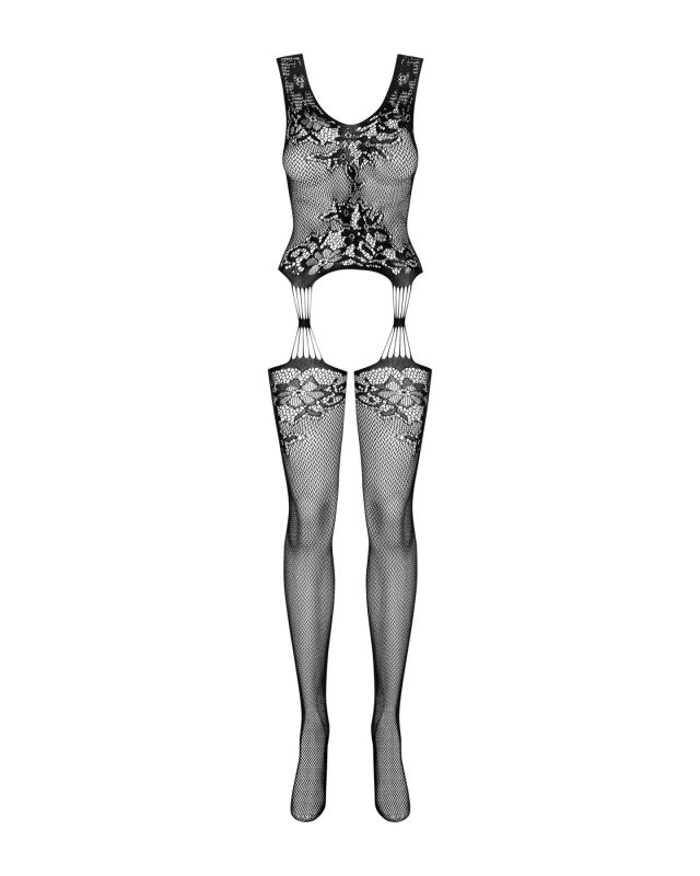 Бодистокинг Obsessive Bodystocking F221 S/M/L, силуэтный цветочный рисунок, имитация чулок