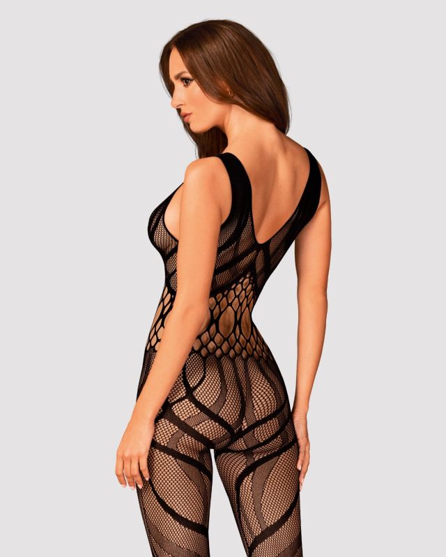 Сетчатый бодистокинг с вырезами и рисунком Obsessive Bodystocking G328 S/M/L, черный, комбинезон