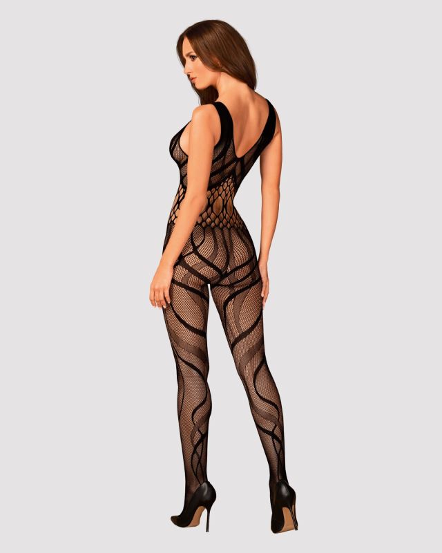 Сетчатый бодистокинг с вырезами и рисунком Obsessive Bodystocking G328 S/M/L, черный, комбинезон