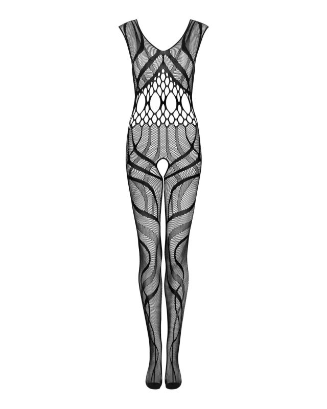 Сетчатый бодистокинг с вырезами и рисунком Obsessive Bodystocking G328 S/M/L, черный, комбинезон