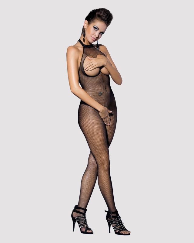 Бодистокинг из мелкой сетки с открытой грудью и доступом Obsessive Bodystocking N101 S/M/L, черный,