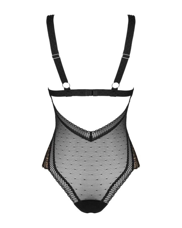 Кружевное боди с декольте Obsessive Estiqua teddy M/L, черное, широкие лямки