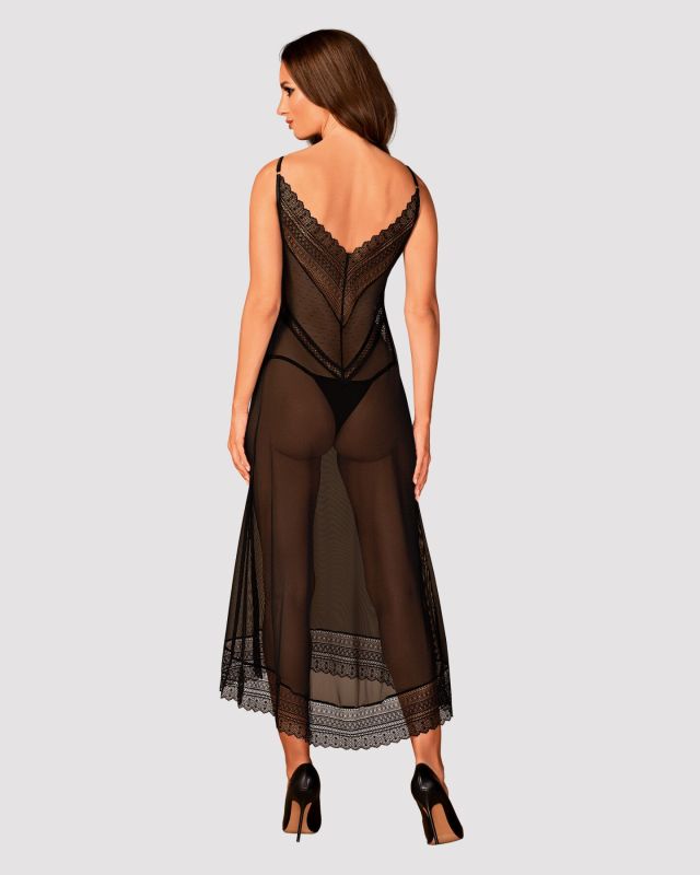 (SALE) Полупрозрачная длинная сорочка Obsessive Estiqua chemise XS/S, черный, ассиметричный крой
