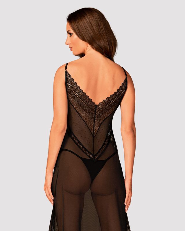 (SALE) Полупрозрачная длинная сорочка Obsessive Estiqua chemise XS/S, черный, ассиметричный крой