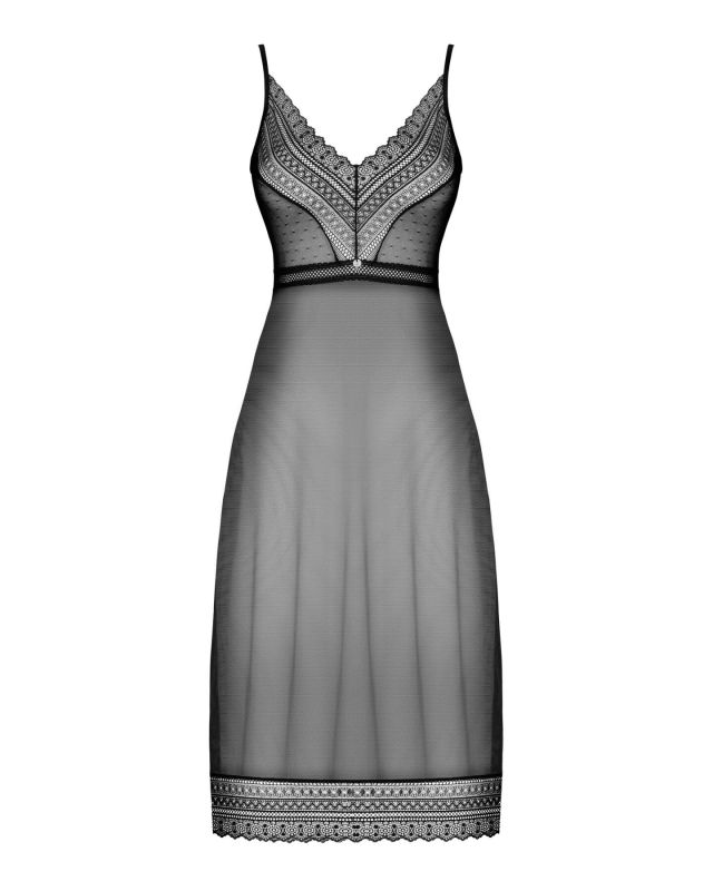 (SALE) Полупрозрачная длинная сорочка Obsessive Estiqua chemise XS/S, черный, ассиметричный крой