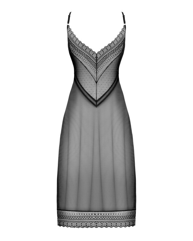 (SALE) Полупрозрачная длинная сорочка Obsessive Estiqua chemise XS/S, черный, ассиметричный крой