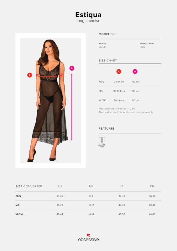 (SALE) Полупрозрачная длинная сорочка Obsessive Estiqua chemise M/L, черный, ассиметричный крой