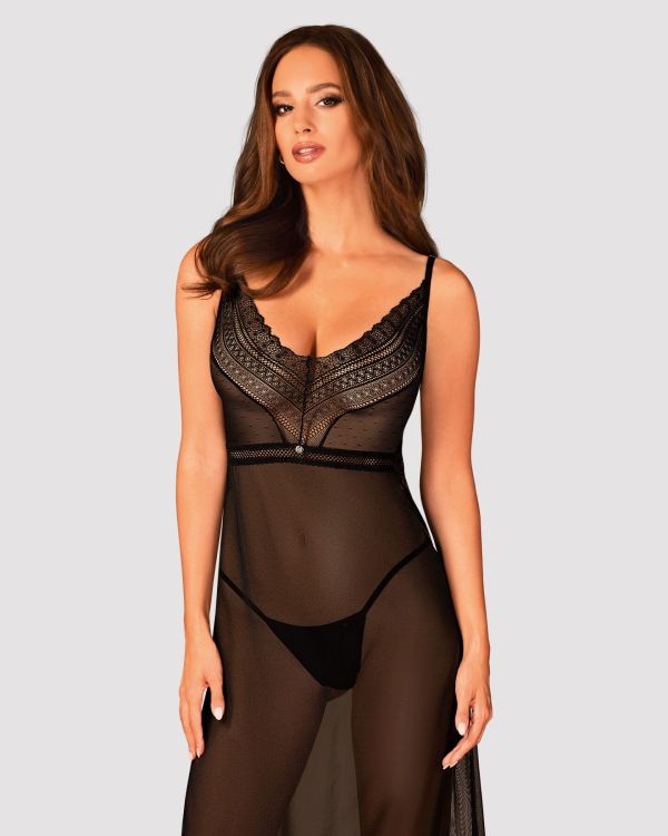 (SALE) Полупрозрачная длинная сорочка Obsessive Estiqua chemise M/L, черный, ассиметричный крой