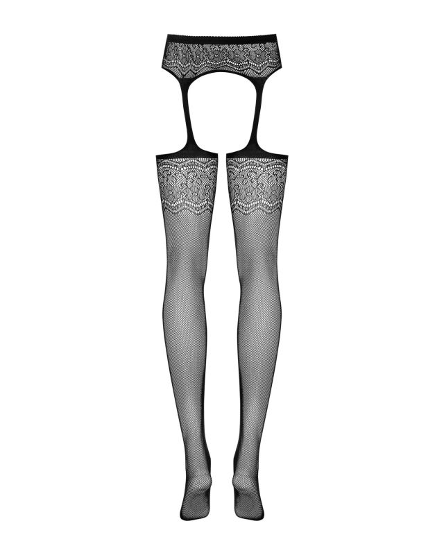 Сетчатые чулки-стокинги с цветочным рисунком Obsessive Garter stockings S207 XL/XXL, черные, имитаци