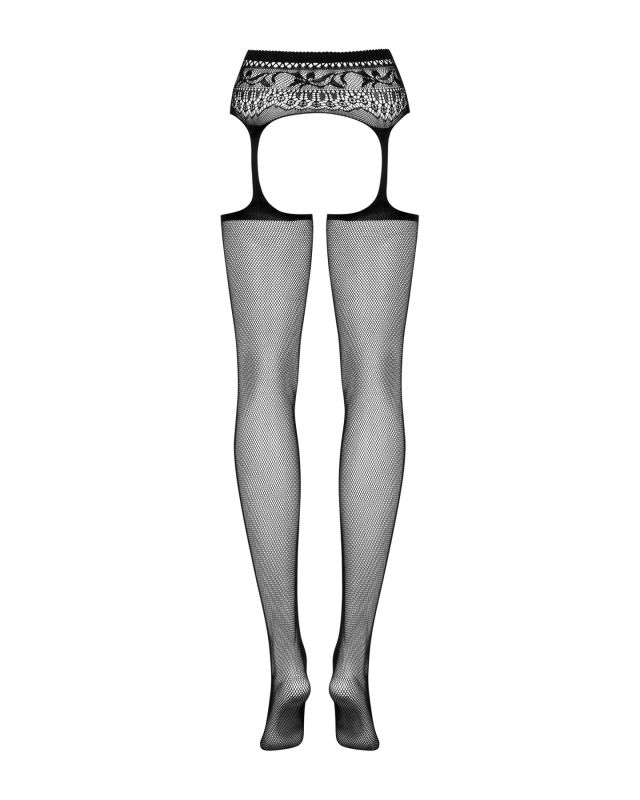 (SALE) Сетчатые чулки-стокинги с кружевным поясом Obsessive Garter stockings S307 XL/XXL, черные, имитация