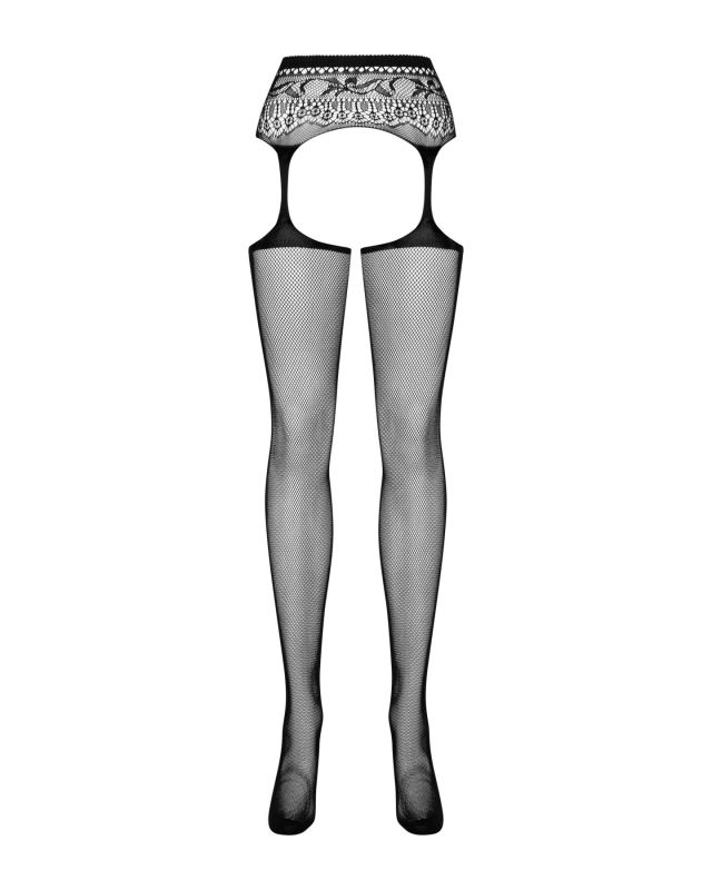 (SALE) Сетчатые чулки-стокинги с кружевным поясом Obsessive Garter stockings S307 XL/XXL, черные, имитация