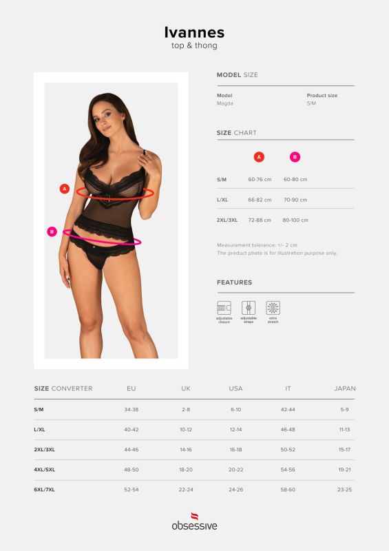 Полупрозрачный набор с украшениями Obsessive Ivannes top & thong S/M, черный, топ и танга