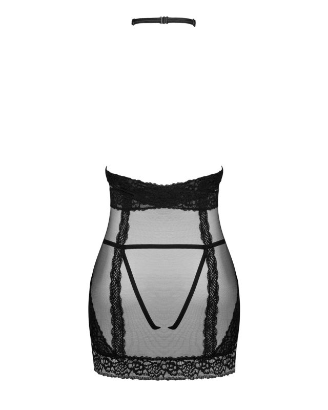Полупрозрачная сорочка с открытой грудью Obsessive Lacrisia chemise XL/2XL, черная, с чокером