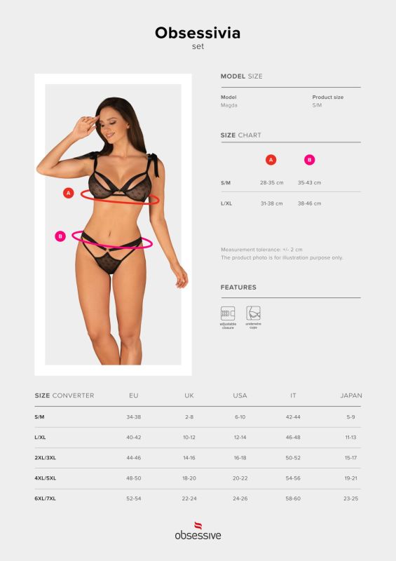 (SALE) Полупрозрачный эротический комплект Obsessive Obsessivia 2pcs set black S/M, бюстгальтер и трусики,