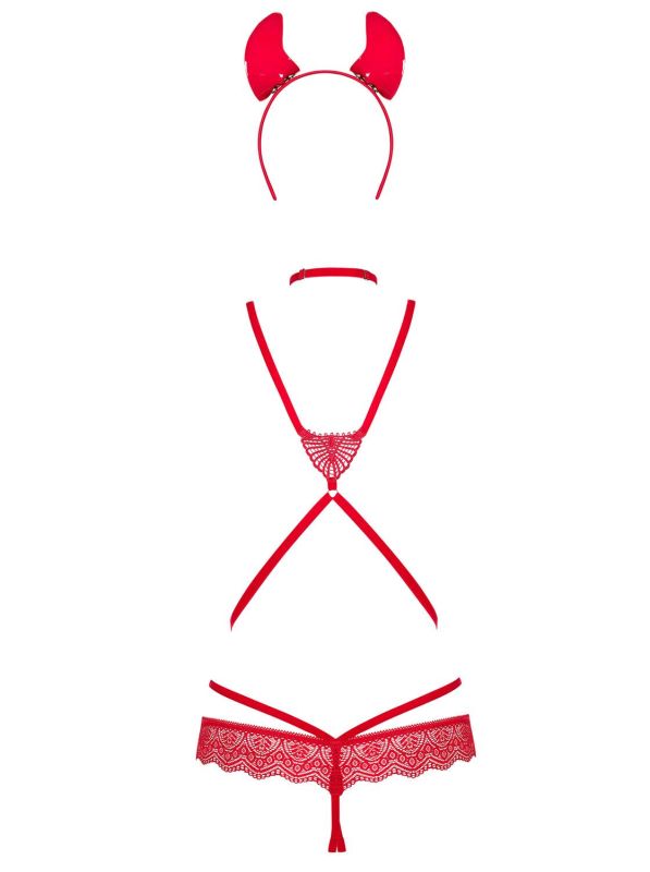 Эротический костюм чертика из стреп Obsessive Evilia teddy red S/M, боди, чокер, накладки на соски,