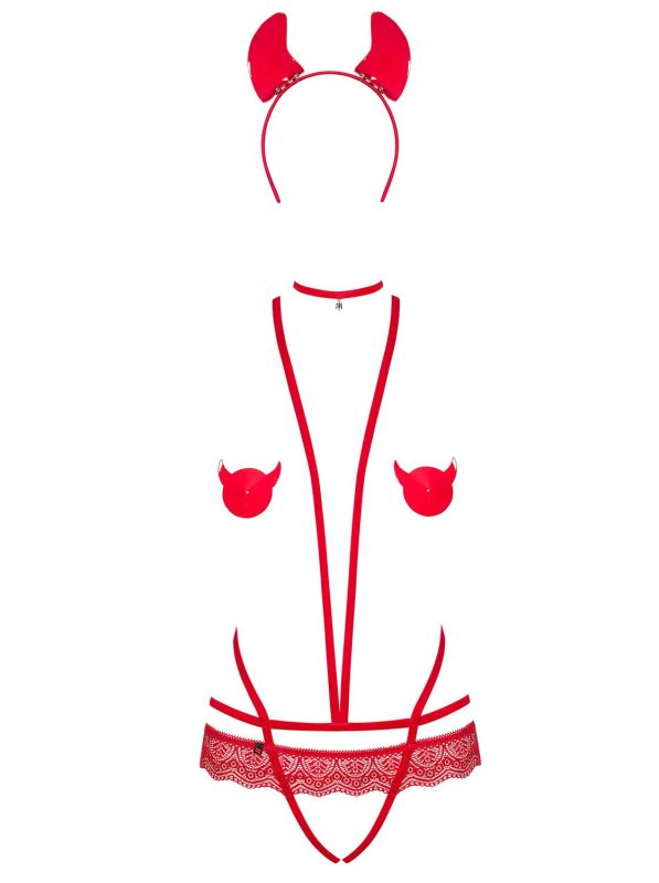 (SALE) Эротический костюм чертика из стреп Obsessive Evilia teddy red L/XL, боди, чокер, накладки на соски,