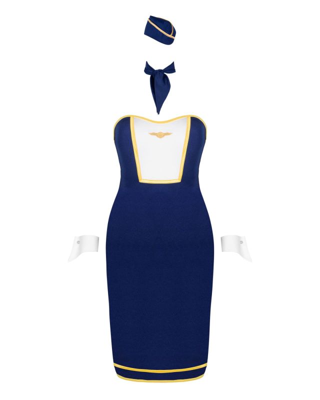 Эротический костюм стюардессы Obsessive Stewardess uniform XS/S, blue, платье, пилотка, шарф, манжет