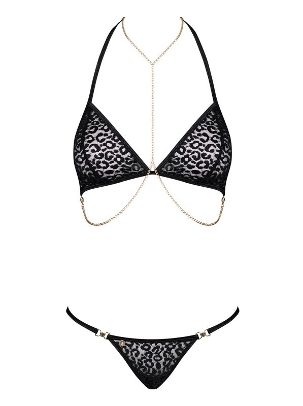 Комплект с цепочками Obsessive Pantheria 2-pcs set black S/M, бюстгальтер, трусики