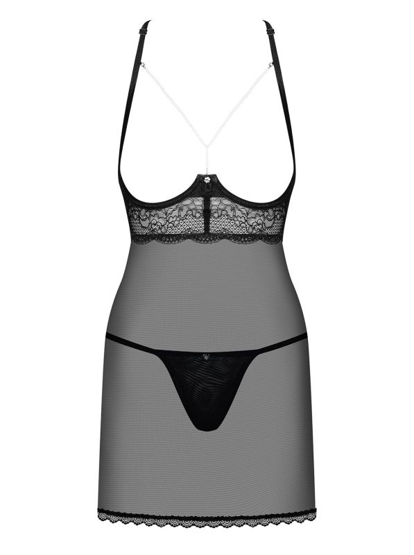 Прозрачная сорочка с открытой грудью Obsessive Pearlove chemise & thong black S/M, трусики