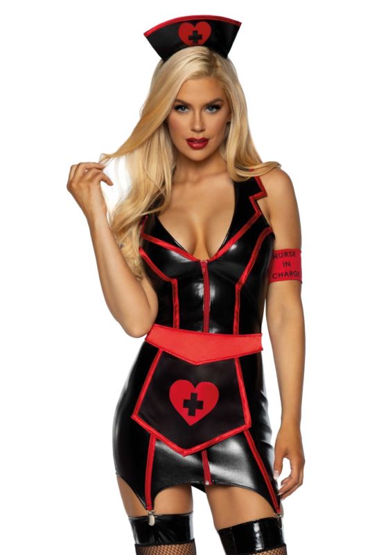 Виниловый костюм медсестры Leg Avenue Vinyl Naughty Nurse S, платье, фартук, повязки