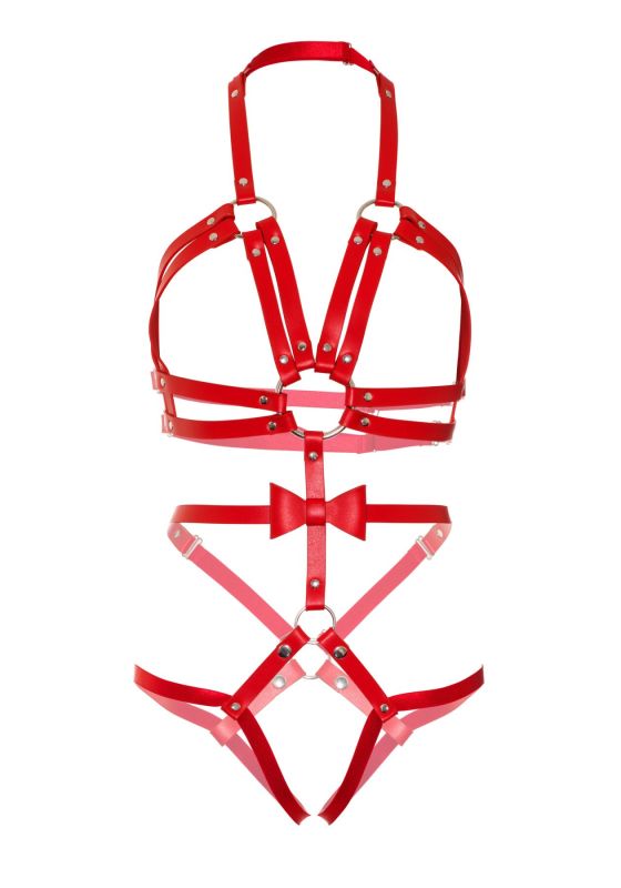 Портупея-тедди из ремней Leg Avenue Studded O-ring harness teddy M Red, экокожа